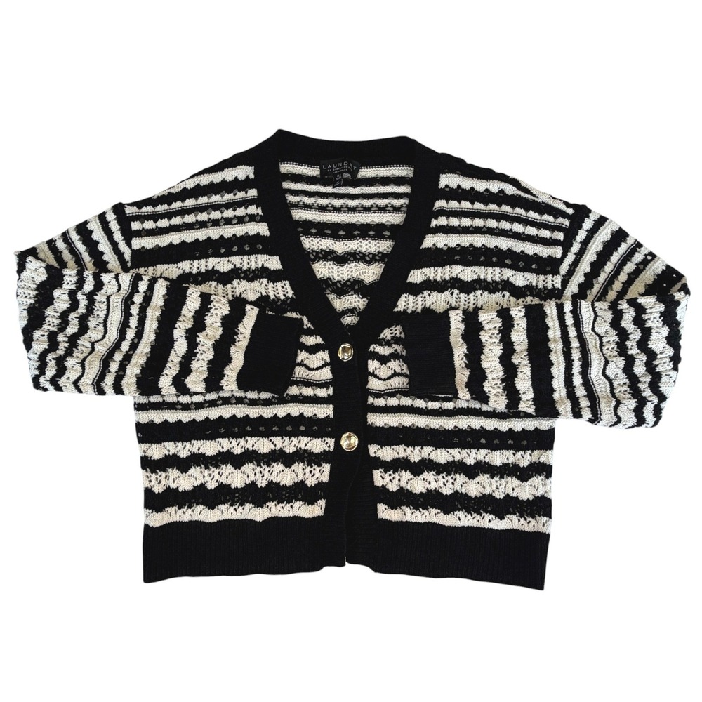 Laundry by Shelli Segal Black White Striped Pointelle Cardigan Sweater XL